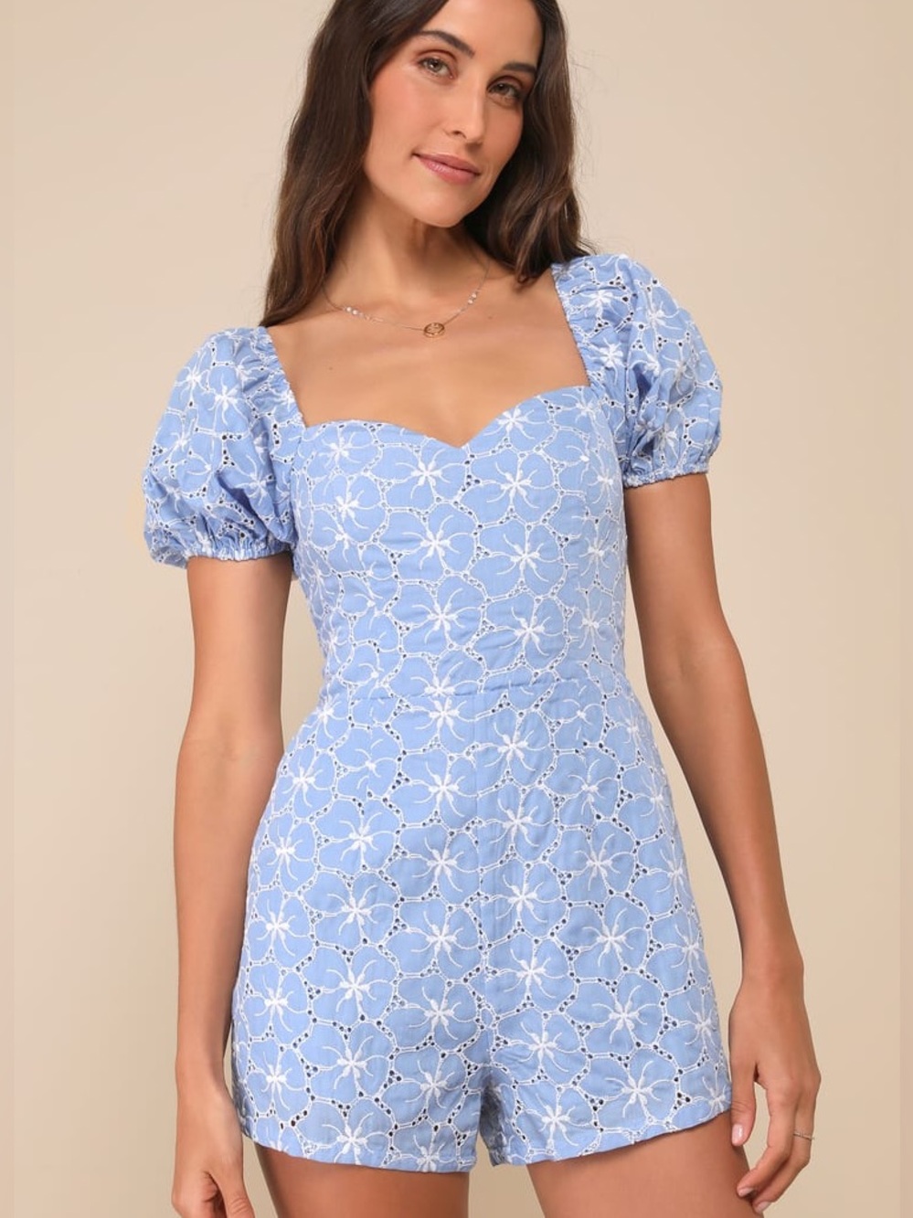 Lulu's Summer Charm Blue Floral Eyelet Embroidered Puff Sleeve Romper Preppy XL